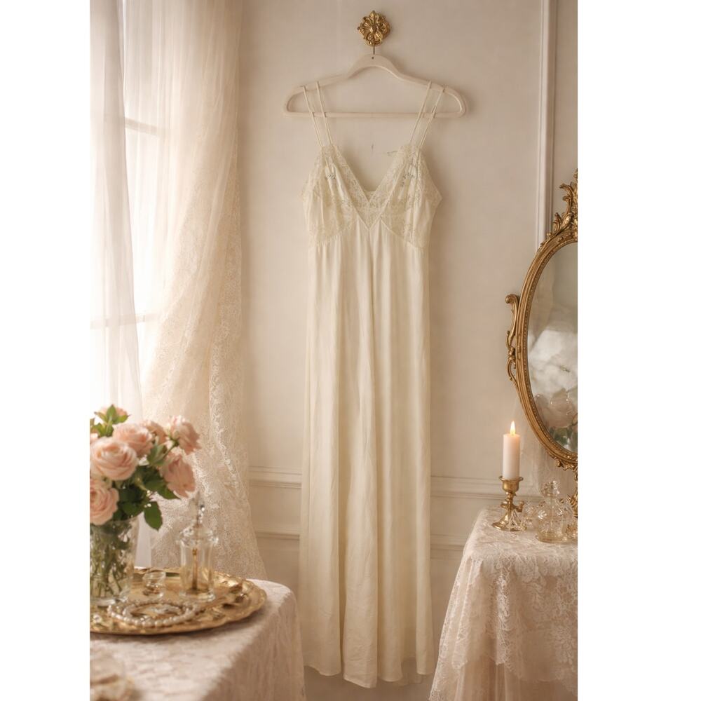 Vintage Formfit Nylon Lace Trim Nightgown Maxi Slip Dress Yellow Medium